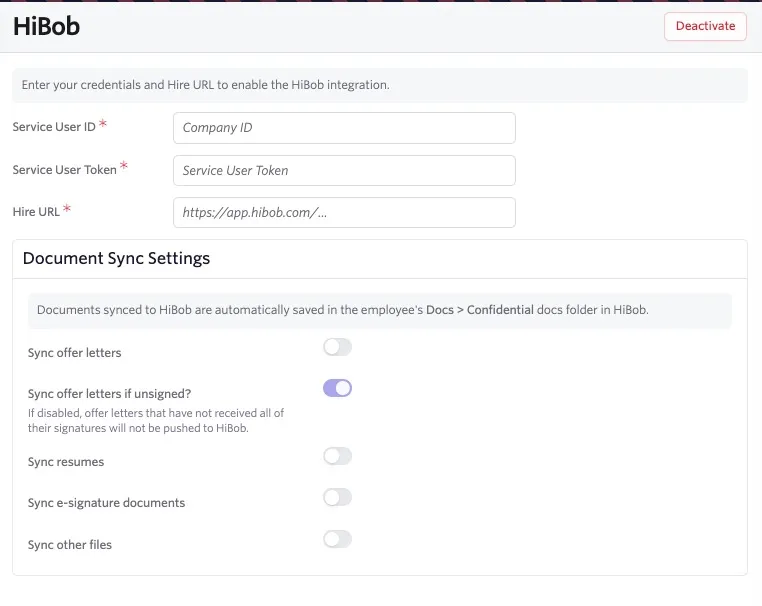 HiBob integration settings showing credential fields and Document Sync Settings, with only “Sync offer letters if unsigned?” enabled.
