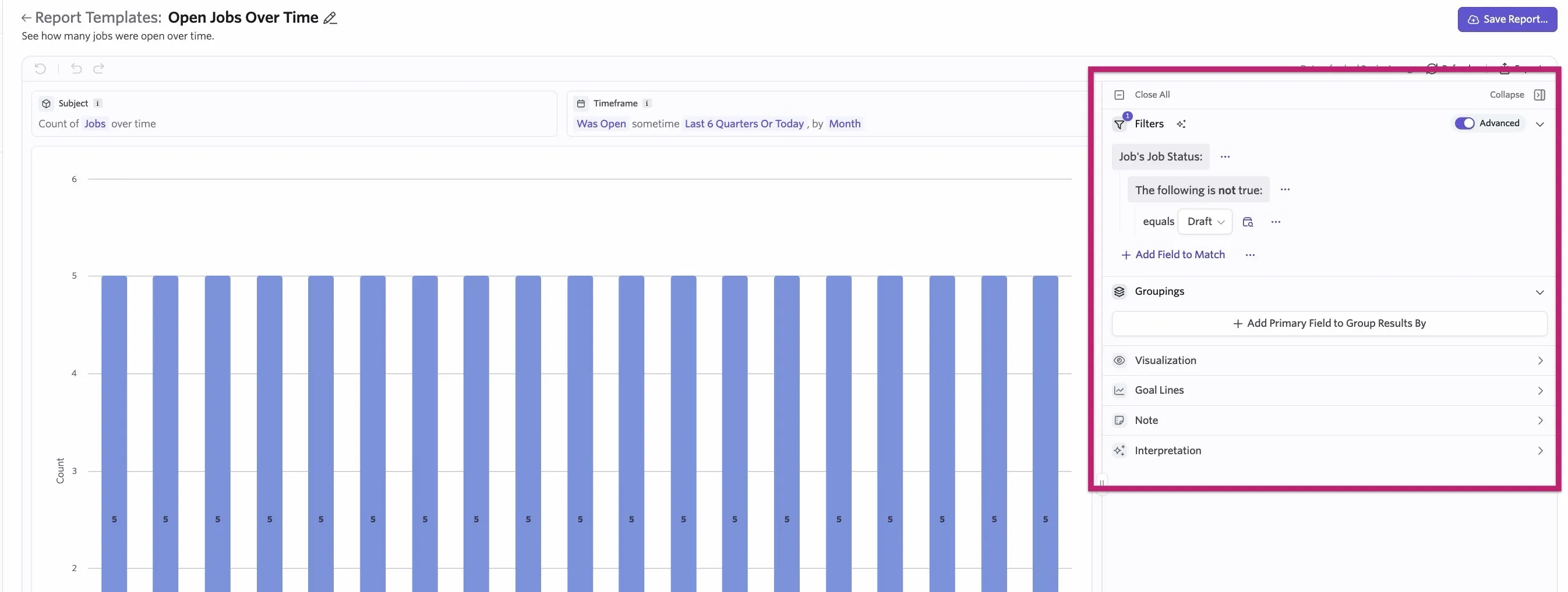 Screenshot showing the Filters, Groupings, Visualization, Note, and Interpretation icons on the right-hand side of the report results