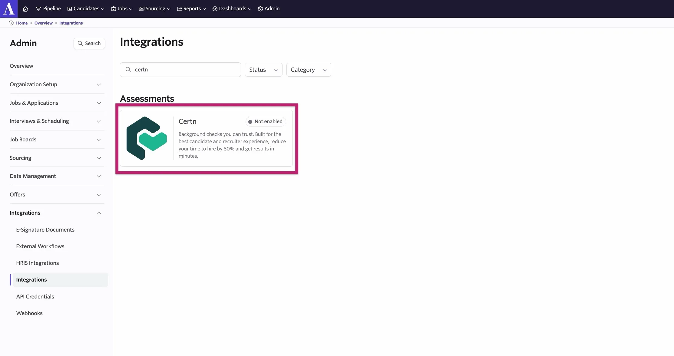 The screenshot shows the integrations page with the Certn integration tile highlighted. The screenshot shows the integrations page with the Certn integration tile highlighted.