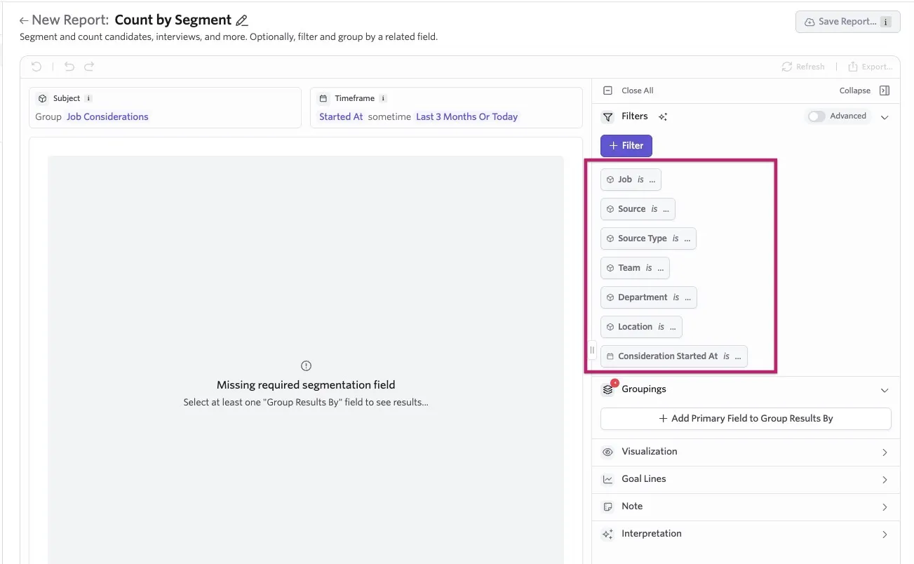 Ashby Count by Segment report with available filters for Job, Source, Source Type, Team, Department, Location, and Consideration Started At highlighted.