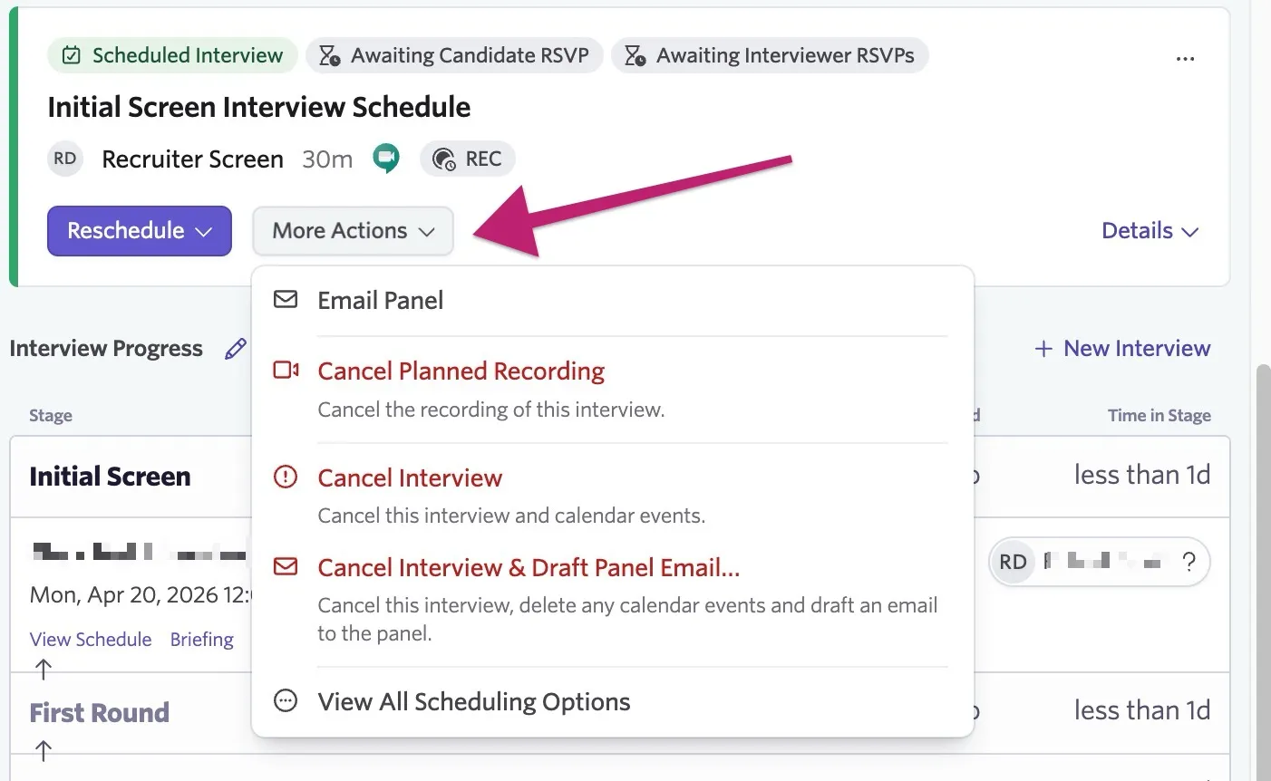 Screenshot of the Actions menu on an interview activity showing options to Record this interview or Cancel Planned Recording.