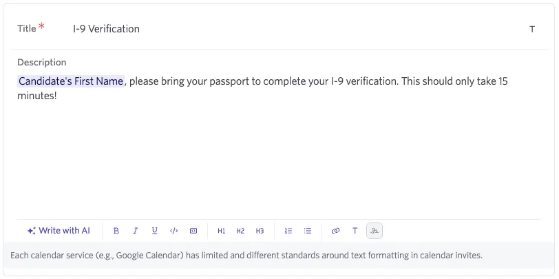 The screenshot shows the calendar event template being configured.