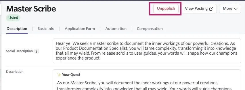 Master Scribe job posting with the Unpublish button highlighted at the top of the page.