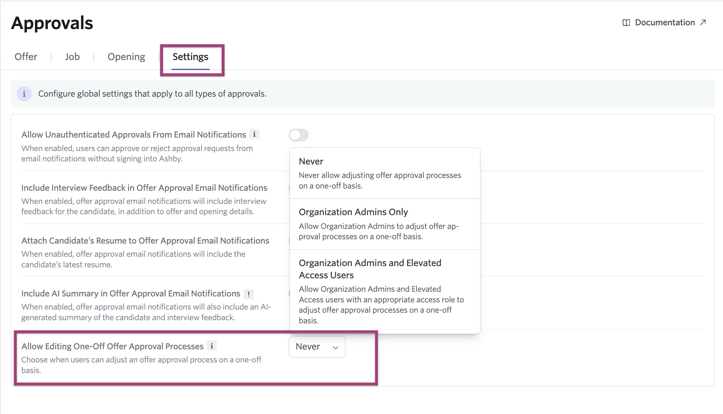 Screenshot of the Approval Settings page with the Allow Editing One-Off Offer Approval Processes dropdown. Screenshot of the Approval Settings page with the Allow Editing One-Off Offer Approval Processes dropdown.