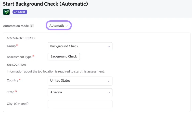 Screenshot showing the Automatic mode configuration options for an assessment integration workflow step