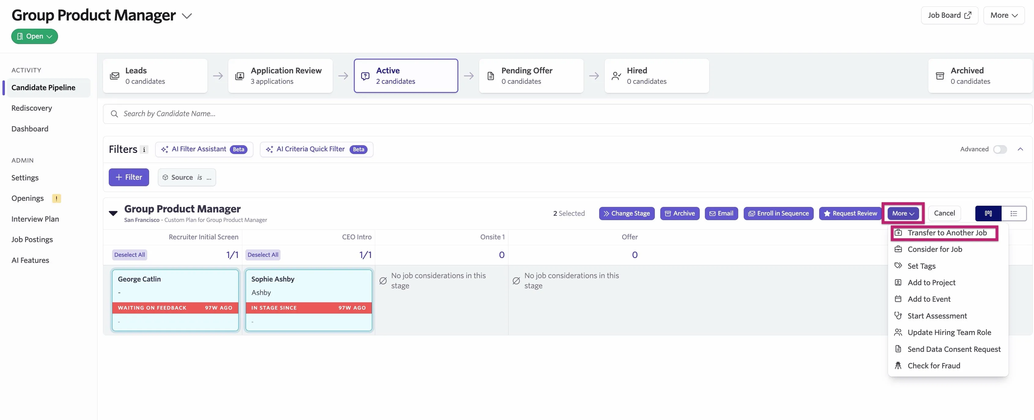 More and Transfer to Another Job for multiple applications in a job pipeline.