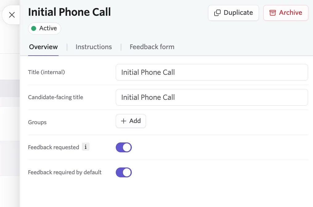 The screenshot shows the shared interview settings, with feedback requested and feedback required by default enabled. The screenshot shows the shared interview settings, with feedback requested and feedback required by default enabled.