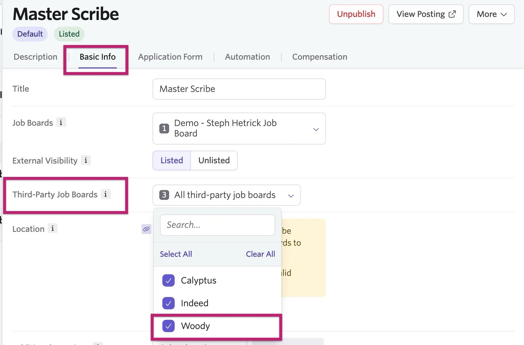 Third-Party Job Boards section showing Woody as an enabled option