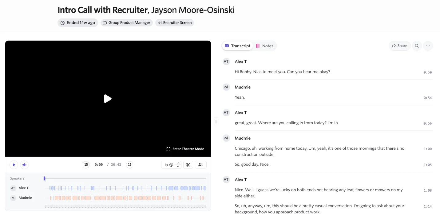 View of what a user sees when a recording is shared with them but they do not have access to the rest of the interview briefing information. Only the recording, transcript, and notes are accessible.