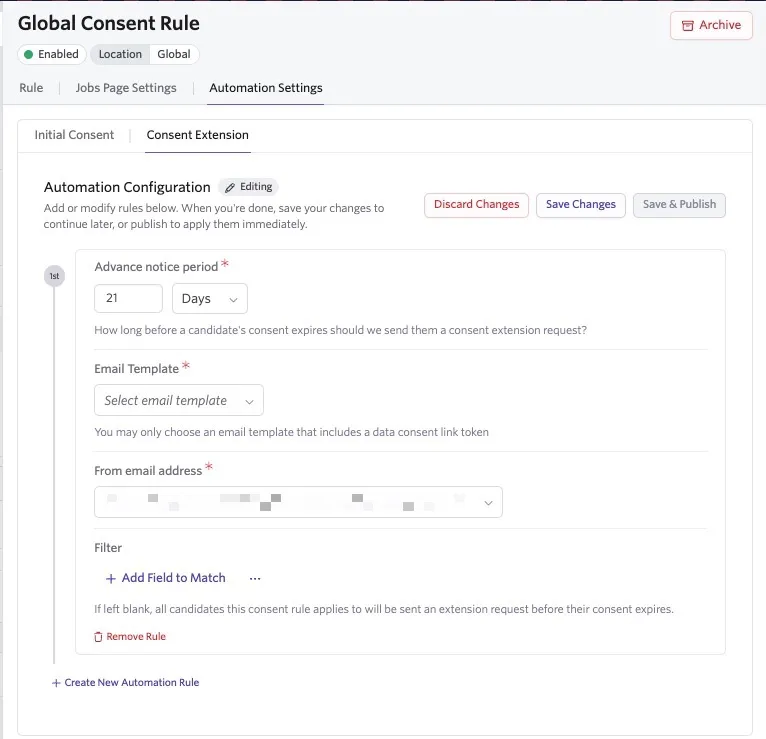 The consent extension automation rule configuration menu with the Create New Automation Rule option. The consent extension automation rule configuration menu with the Create New Automation Rule option.