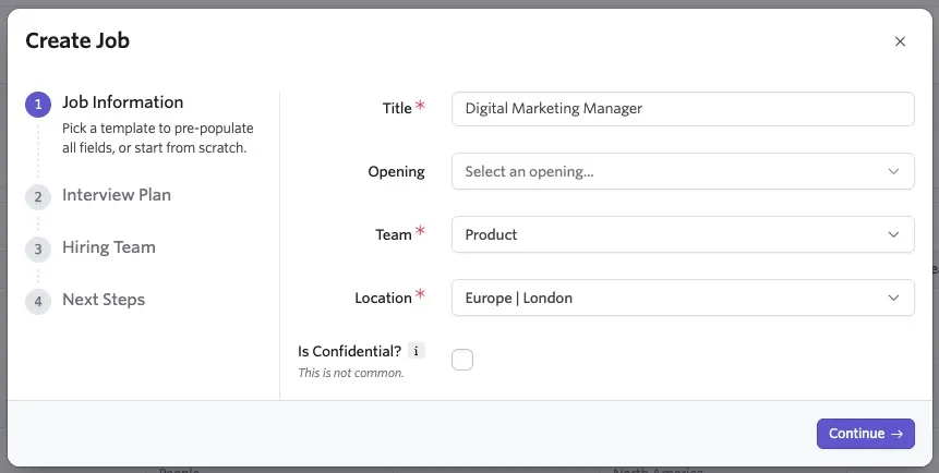 The screenshot shows the first step of the job creation wizard with fields to input basic job information.