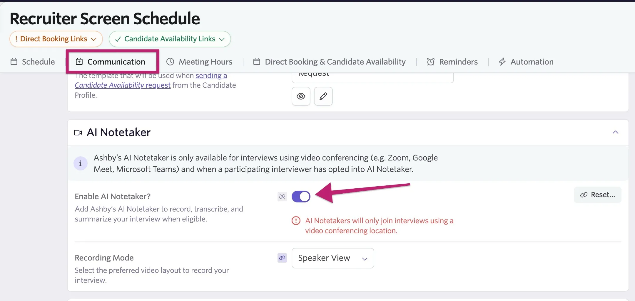 Screenshot of the Communication tab in an interview activity showing the AI Notetaker toggle set to On and Recording Mode options.