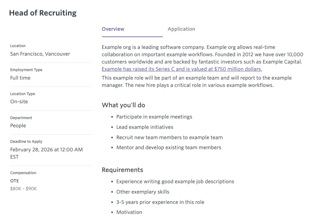 Shows what the Overview of the job posting will look like when clicked on by a candidate from your job board.