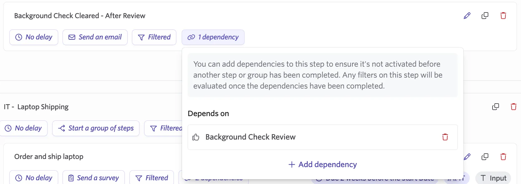Screenshot showing how to set the Approval step as a dependency condition on a later step