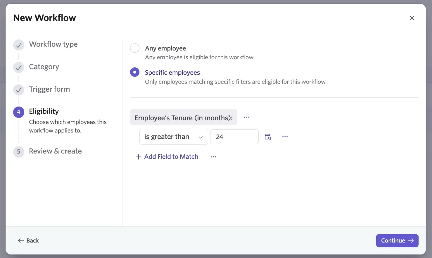 The screenshot shows the New Workflow wizard open at the Eligibility step. The Specific employees option is selected for this specific workflow with criteria set based on the employee's tenure.