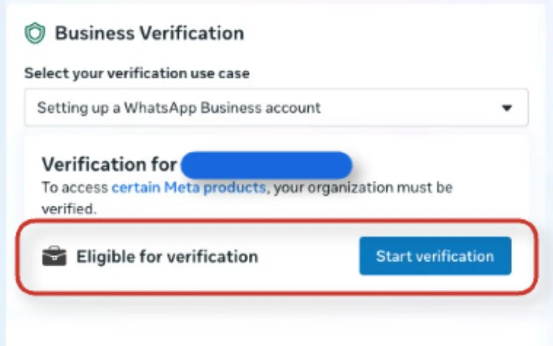 The screenshot shows a Meta Business account with the Eligible for Verification section highlighted. The screenshot shows a Meta Business account with the Eligible for Verification section highlighted.