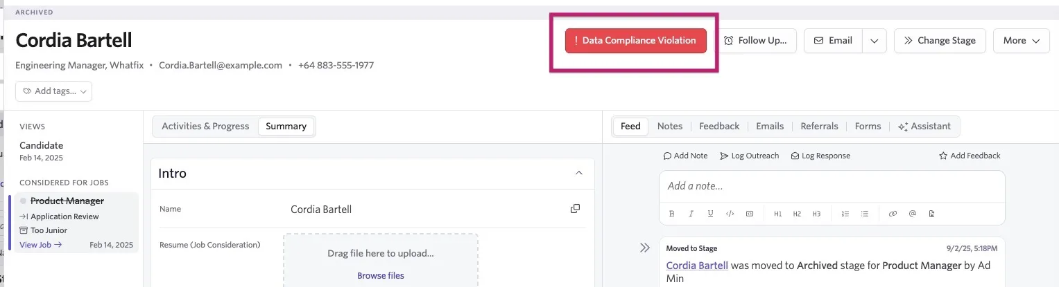 Archived candidate profile for Cordia Bartell with a red “Data Compliance Violation” alert highlighted at the top of the page. Archived candidate profile for Cordia Bartell with a red “Data Compliance Violation” alert highlighted at the top of the page.