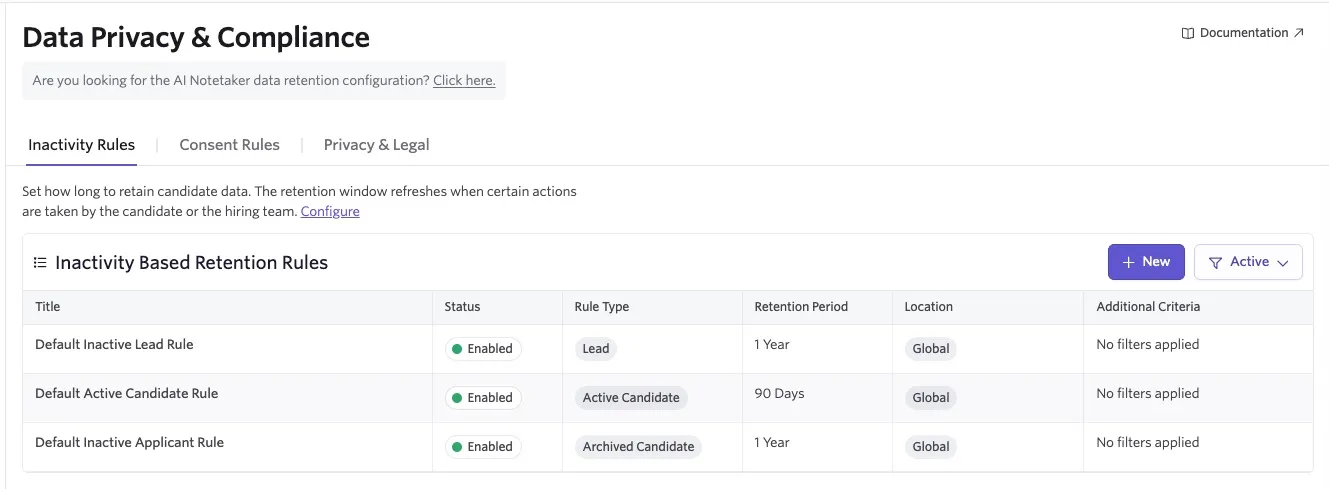 Ashby Data Privacy & Compliance page showing three enabled inactivity-based retention rules for inactive leads, active candidates, and archived candidates, with retention periods of one year, 90 days, and one year respectively. Ashby Data Privacy & Compliance page showing three enabled inactivity-based retention rules for inactive leads, active candidates, and archived candidates, with retention periods of one year, 90 days, and one year respectively.