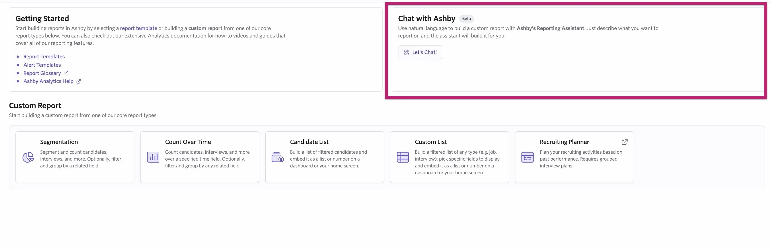 Screenshot of the Report Builder showing the Let's Chat! button used to open the AI Reporting Assistant