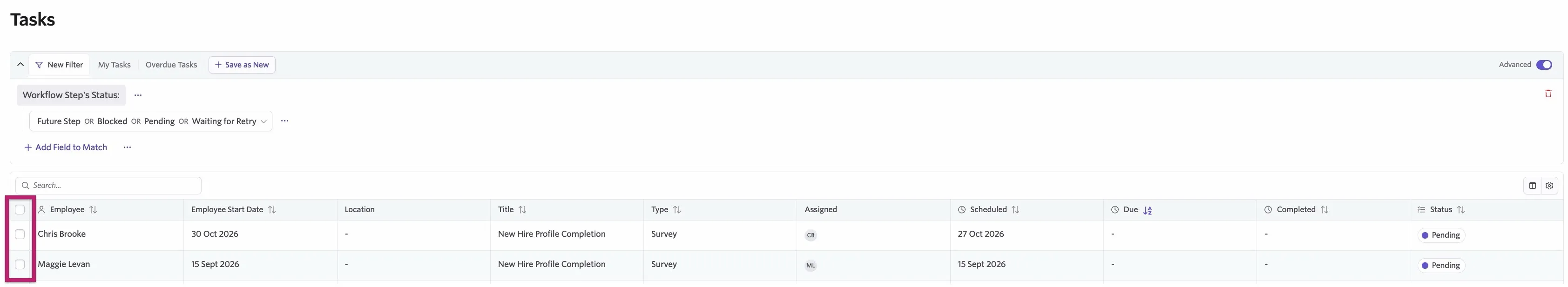 The screenshot shows the Tasks page with the checkbox column highlighted. The screenshot shows the Tasks page with the checkbox column highlighted.