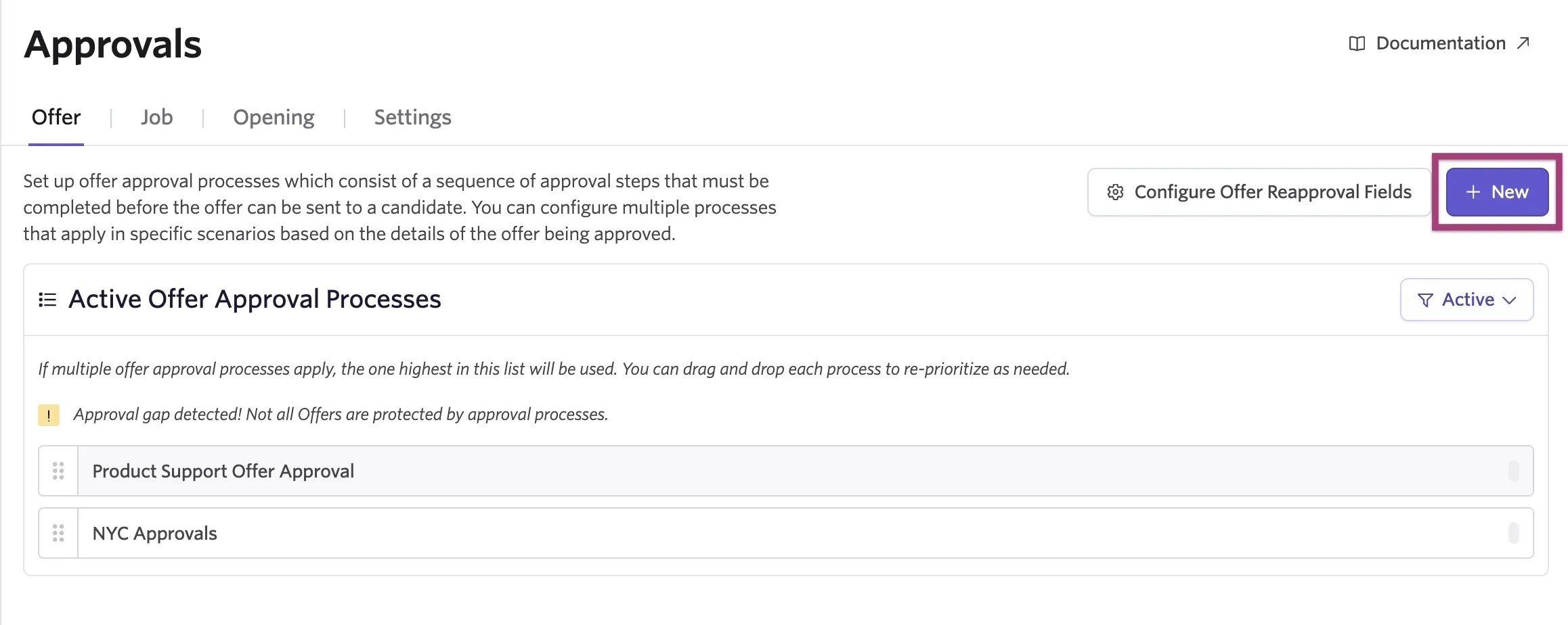 The screenshot shows the Approvals page with the + New button highlighted. The screenshot shows the Approvals page with the + New button highlighted.