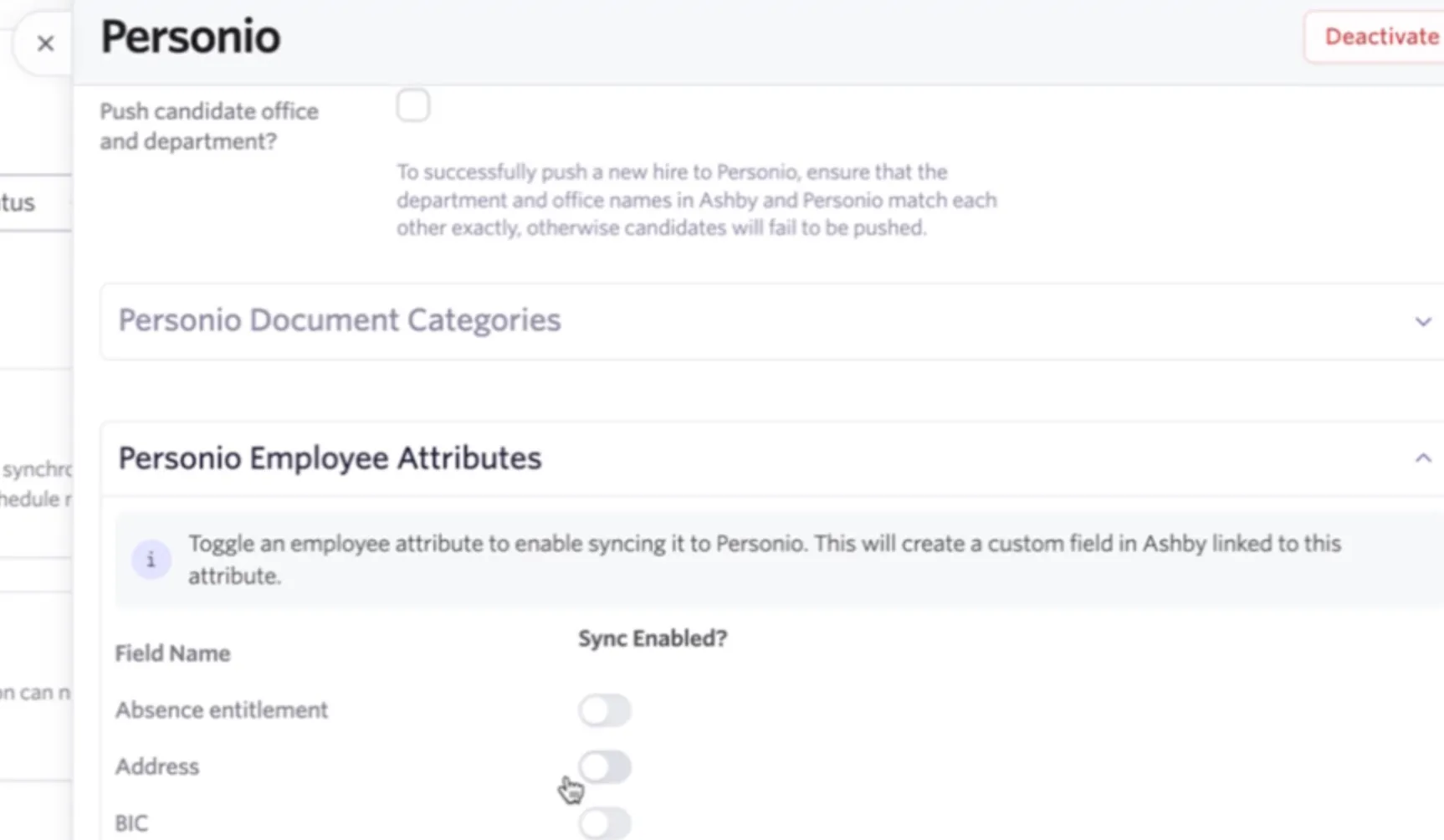 Screenshot of Personio sync settings showing the Sync Enabled toggle beside each employee attribute Screenshot of Personio sync settings showing the Sync Enabled toggle beside each employee attribute