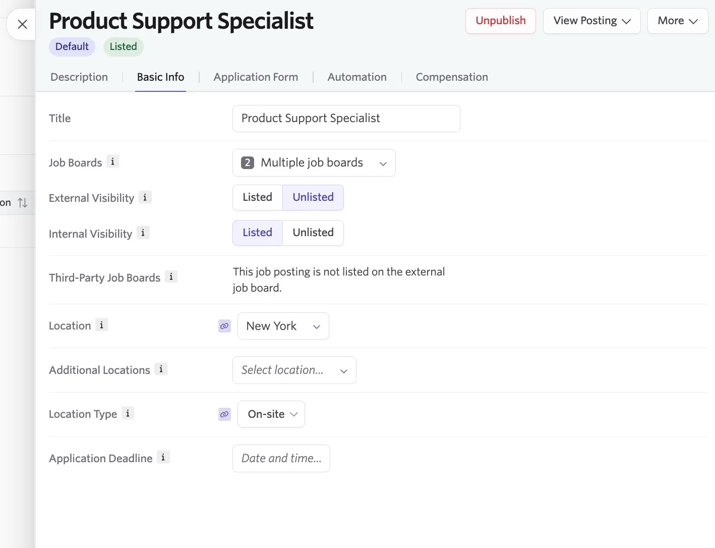 The Basic Info settings for a job posting. The Basic Info settings for a job posting.