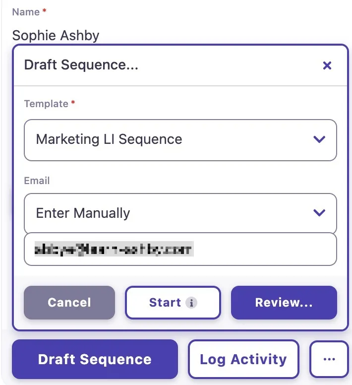 The screenshot shows the Draft Sequence section where you can set your sequence template and confirm the email to send the sequence to. The screenshot shows the Draft Sequence section where you can set your sequence template and confirm the email to send the sequence to.