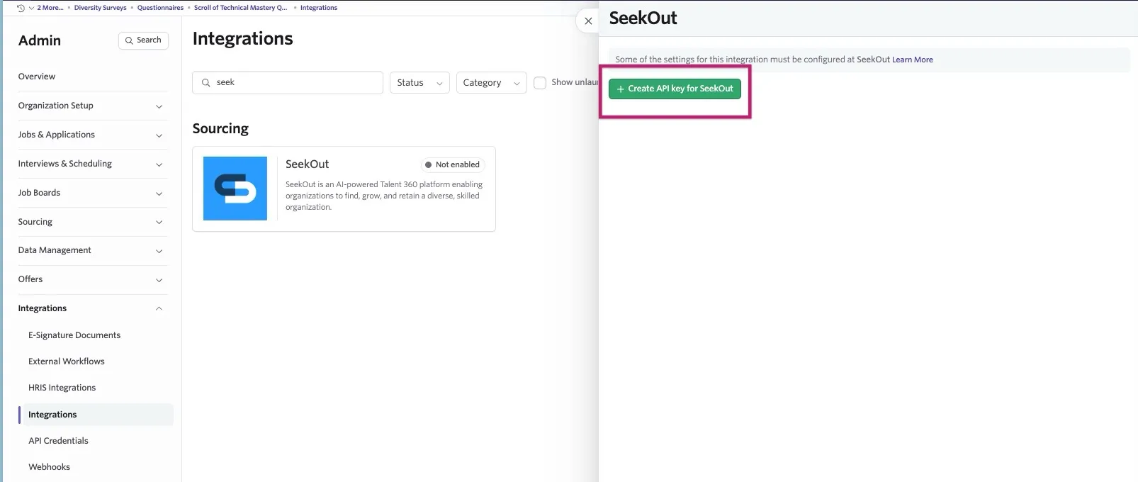 Ashby Admin Integrations page showing the SeekOut integration as not enabled, with the SeekOut settings panel open and the "Create API key for SeekOut" button highlighted. Ashby Admin Integrations page showing the SeekOut integration as not enabled, with the SeekOut settings panel open and the "Create API key for SeekOut" button highlighted.