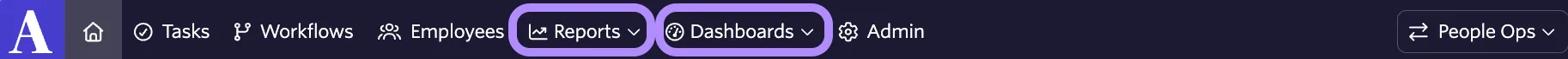 Reports and Dashboards tab within the People Ops module. Reports and Dashboards tab within the People Ops module.