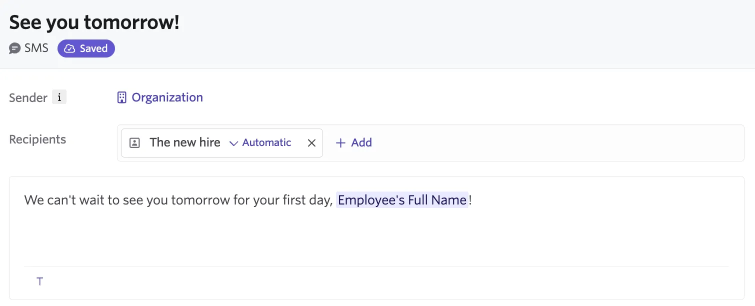 Screenshot of the SMS step configuration panel.