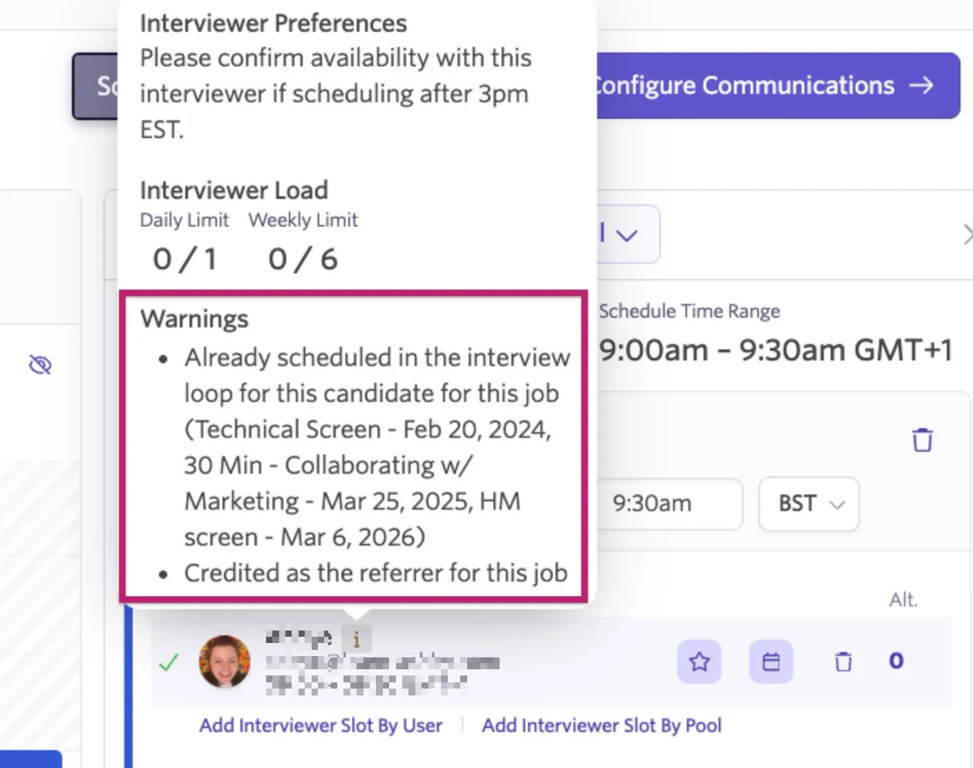 The screenshot shows an interviewer preferences window with a Warnings section.