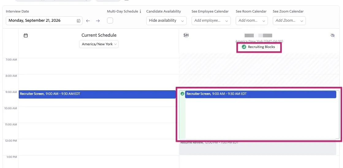 Ashby interview scheduling view showing a Recruiter Screen from 9–9 AM within the interviewer's Recruiting Blocks availability. Ashby interview scheduling view showing a Recruiter Screen from 9–9 AM within the interviewer's Recruiting Blocks availability.