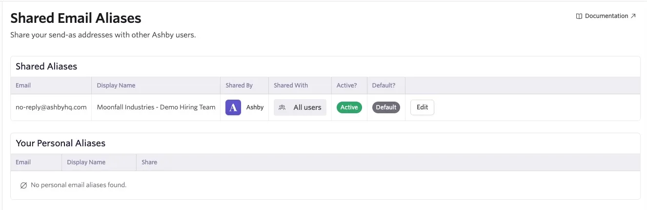 Shared Email Aliases settings page showing a shared no-reply email alias for the Moonfall Industries - Demo Hiring Team, marked as active and the default, with no personal email aliases listed. Shared Email Aliases settings page showing a shared no-reply email alias for the Moonfall Industries - Demo Hiring Team, marked as active and the default, with no personal email aliases listed.