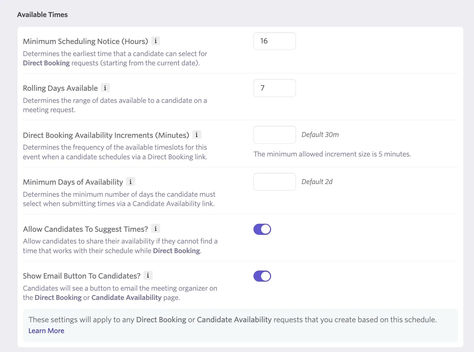 The available times settings for scheduling defaults. The available times settings for scheduling defaults.