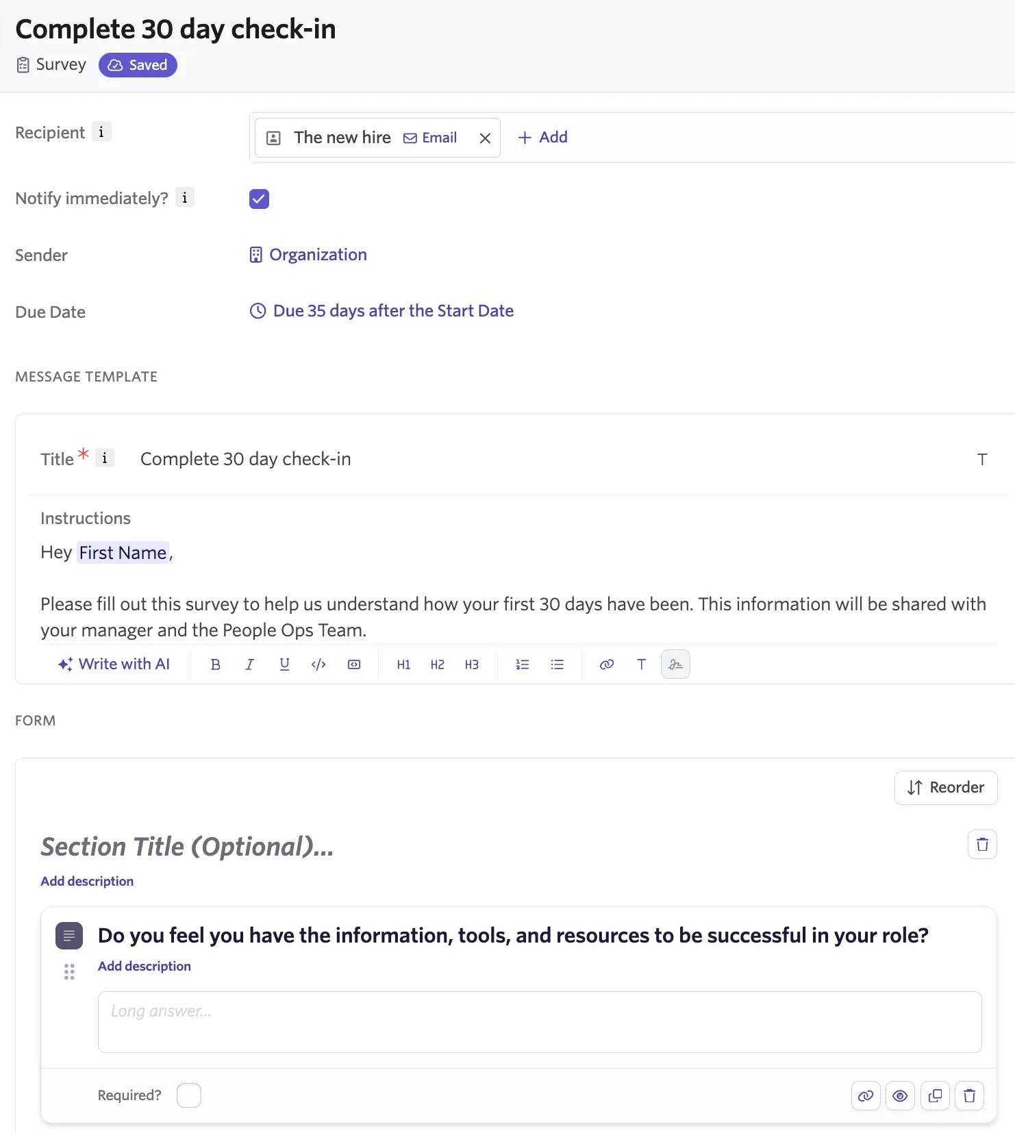 Screenshot of the survey configuration popover.