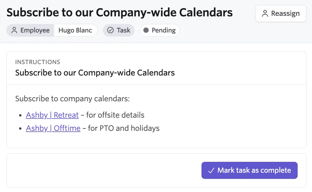 Screenshot of an open task in People Ops showing the Mark task as complete button Screenshot of an open task in People Ops showing the Mark task as complete button