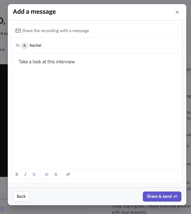 Shows Add a message modal where you can type a message before sharing the recording