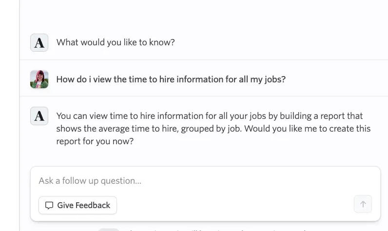 Screenshot of the AI Reporting Assistant asking follow-up clarifying questions before building the report