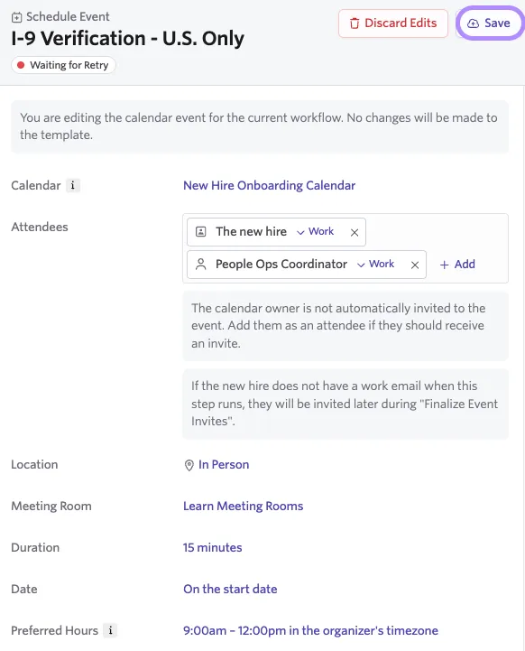 The screenshot shows the Event step settings with the option to Save highlighted.