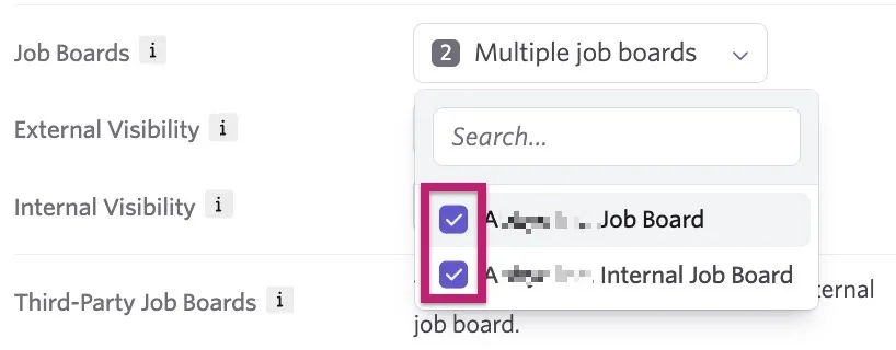 The job boards dropdown, showing the external and internal checkboxes. The job boards dropdown, showing the external and internal checkboxes.
