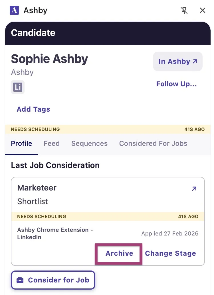 The screenshot shows the candidate's job consideration within the Ashby Chrome extension with the Archive button highlighted. The screenshot shows the candidate's job consideration within the Ashby Chrome extension with the Archive button highlighted.