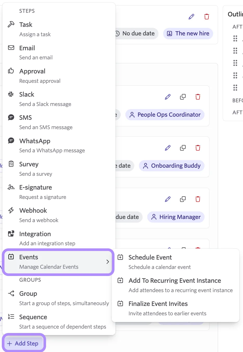 Screenshot of the three Events step types available in a People Workflow