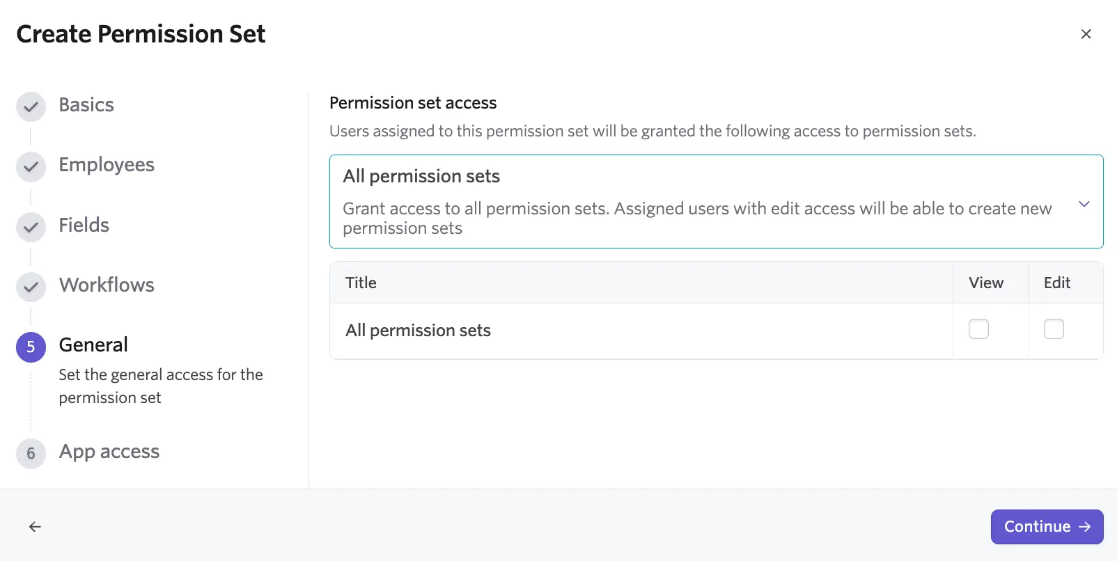 Screenshot of the All permission sets option in the General step