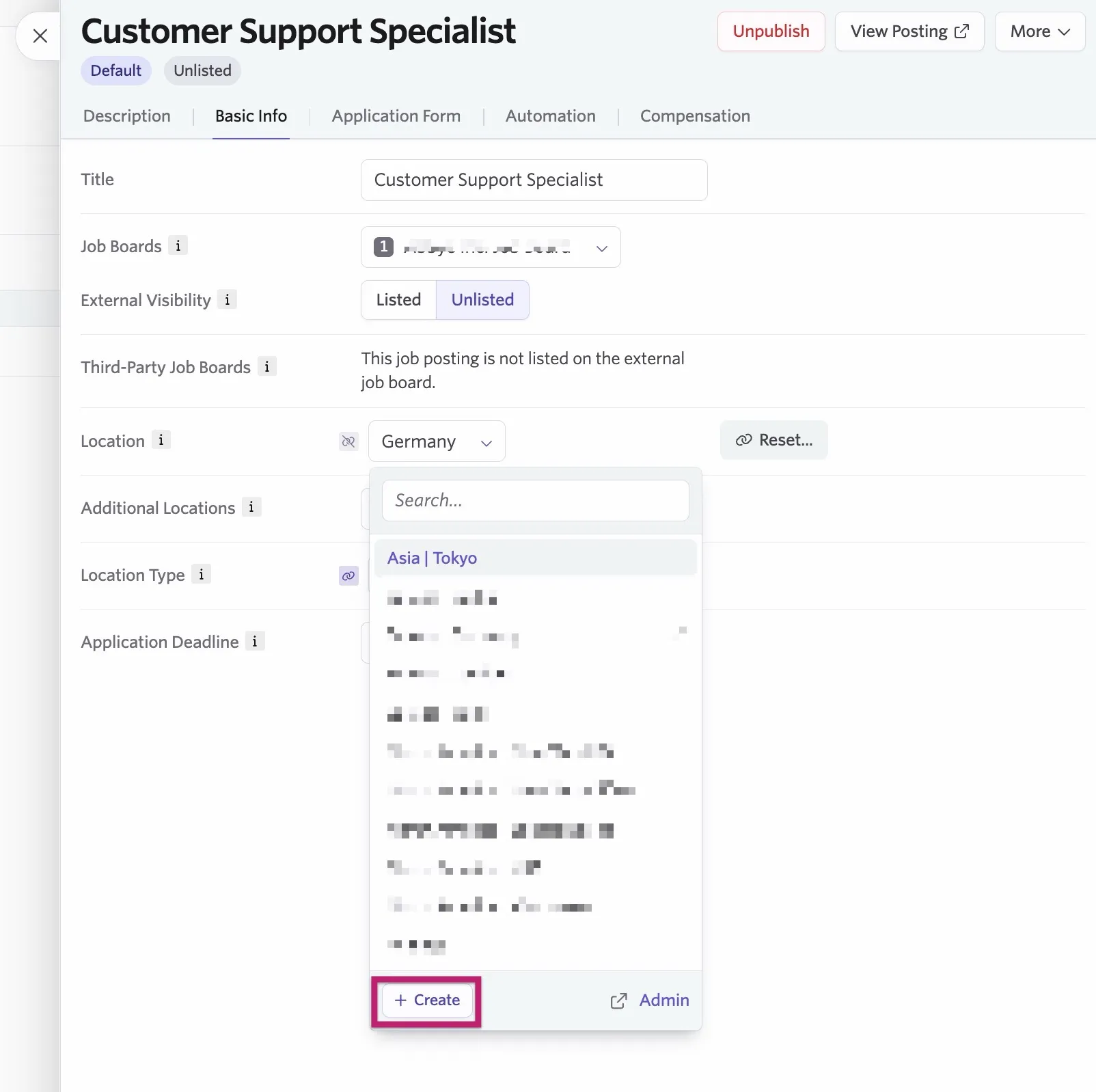 Creating a location in-line on a job posting