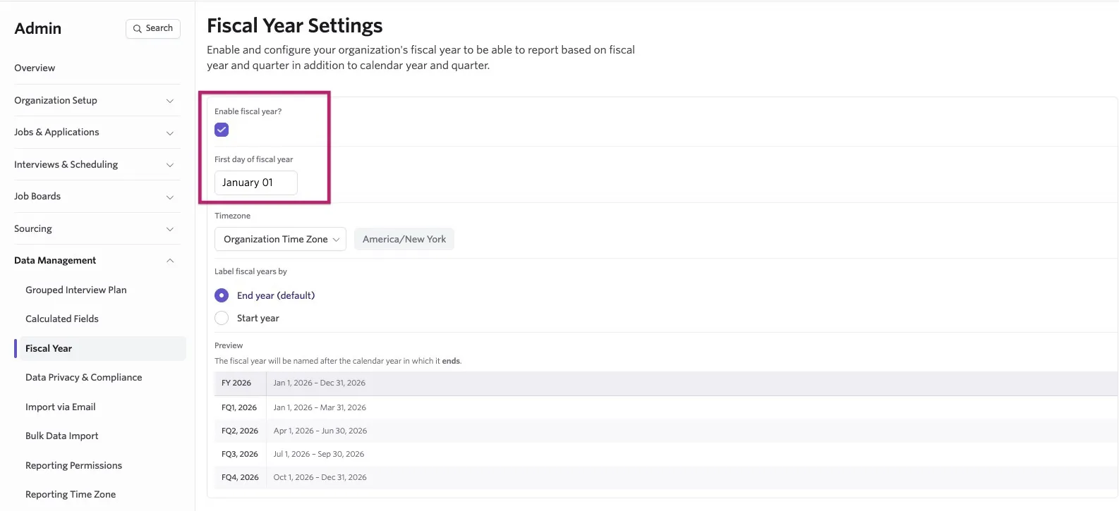 Ashby Fiscal Year Settings page with fiscal year enabled and the first day of the fiscal year set to January 1.