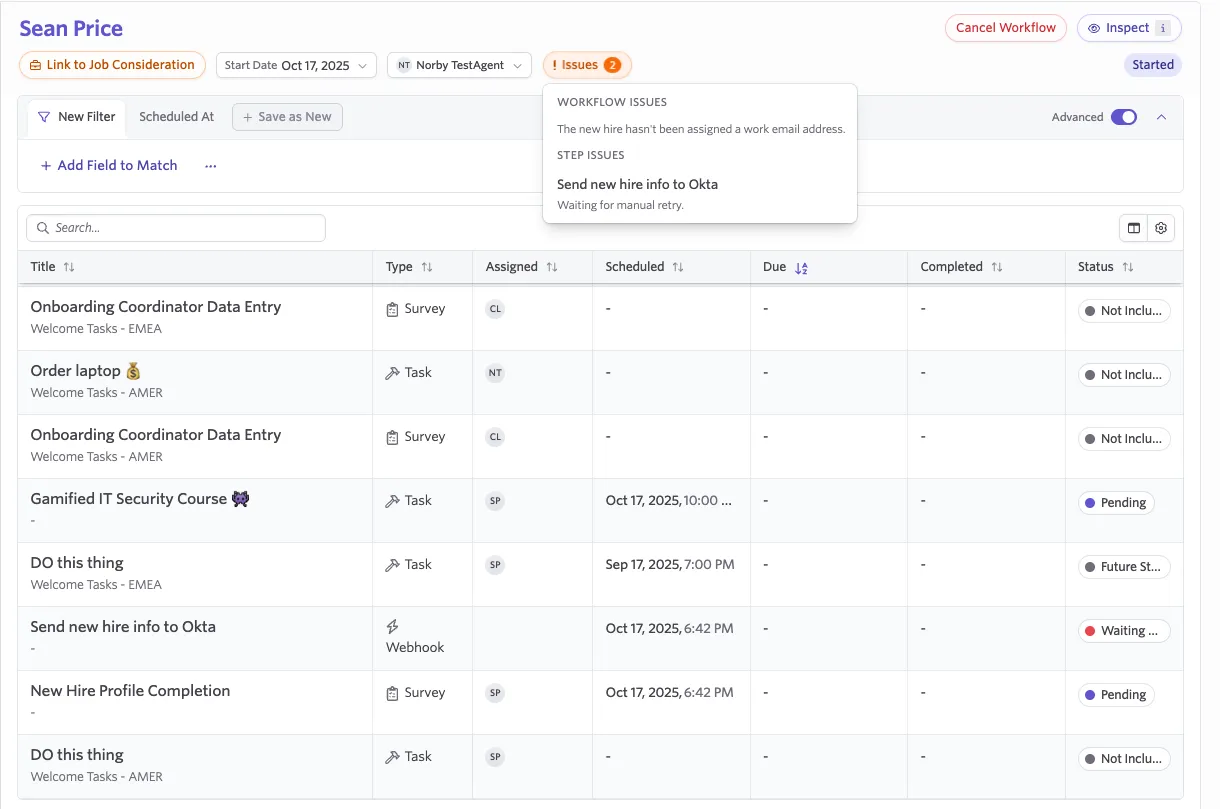 The screenshot shows the Issues option that you can hover over to view workflow issues.