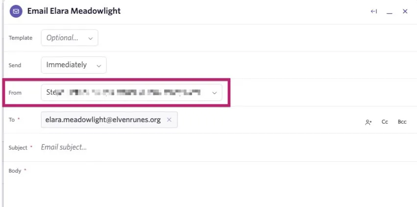 Email composer for candidate Elara Meadowlight with the From dropdown highlighted, allowing you to select the email address used to send the message. Email composer for candidate Elara Meadowlight with the From dropdown highlighted, allowing you to select the email address used to send the message.
