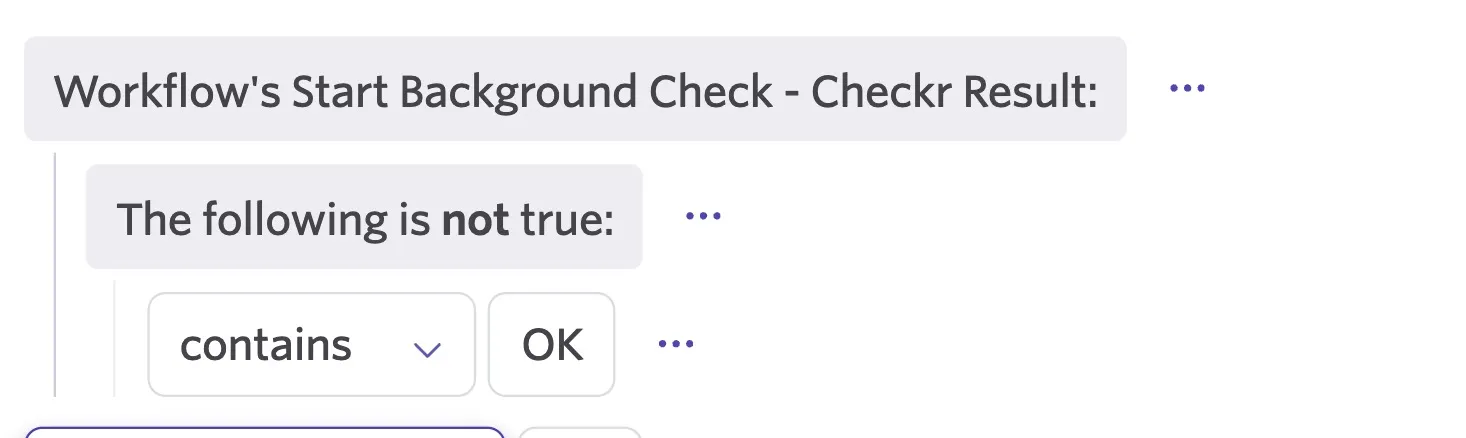 The screenshot shows a filter set for Checkr results that do not contain OK