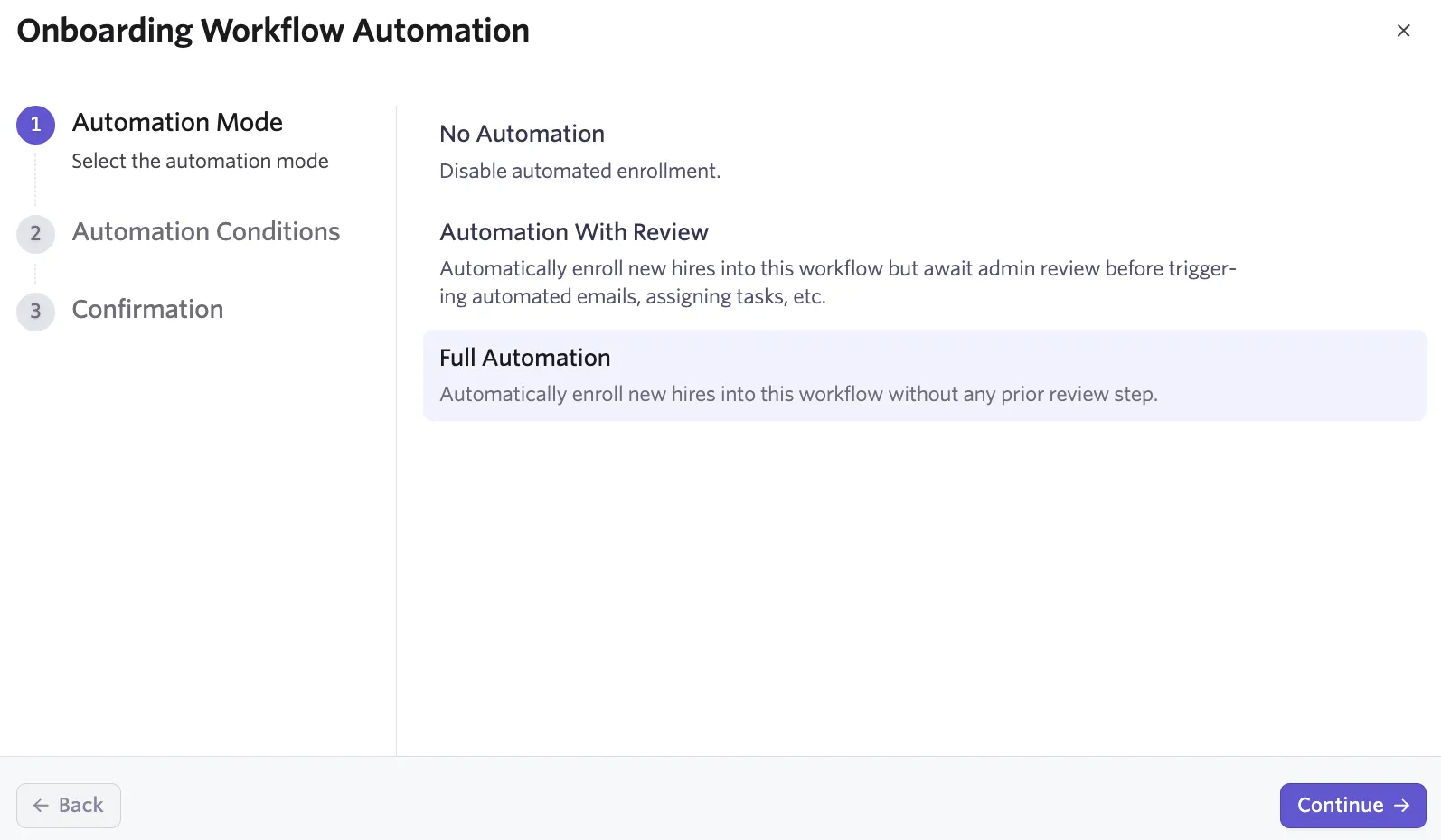 Screenshot of the Onboarding Workflow Automation setup wizard with Full Automation selected